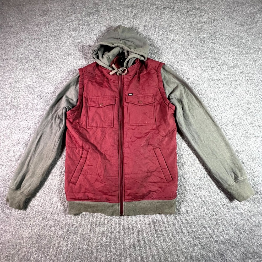 RVCA Jacket Men Large Burgundy Gray Full Zip Hooded Hybrid Vest Outerwear Casual